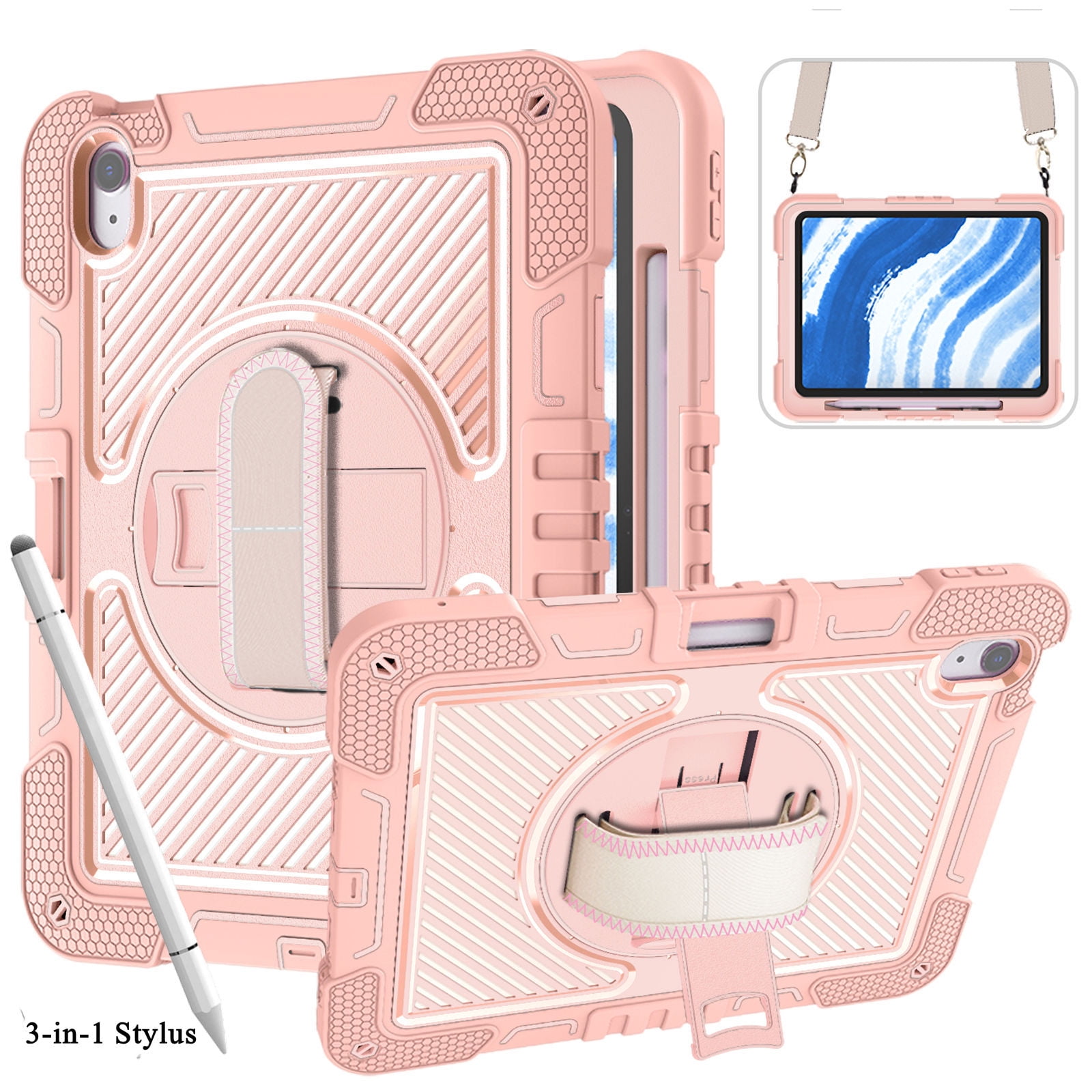 ELEHOLD Rugged Case For Apple iPad 11th(A16) 2025 With 3-in-1 Stylus Pens ,Three-Layer Hybrid  360° Rotating Kickstand Pencil Holder Handstrap Shoulder Strap Shockproof Case ,C
