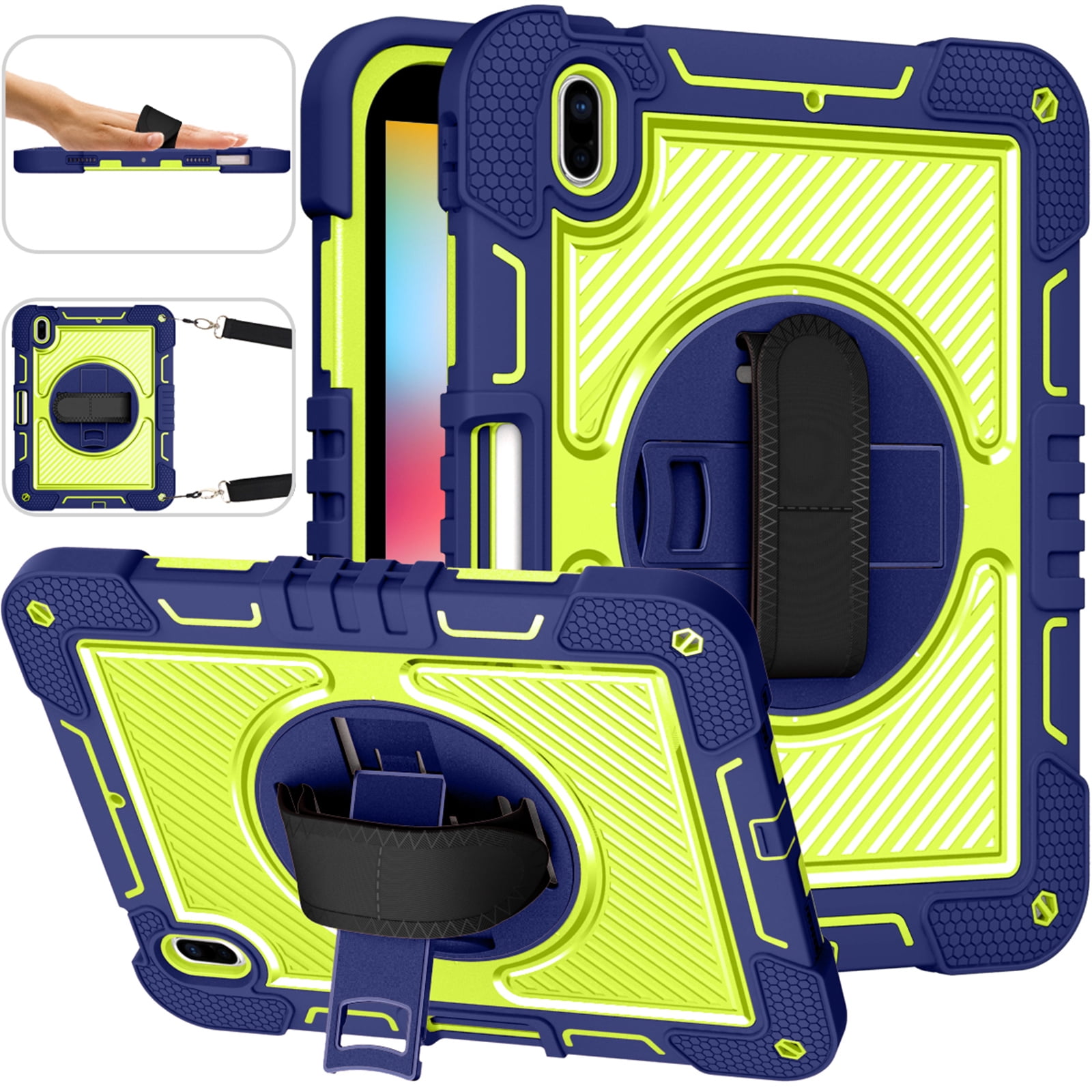 ELEHOLD Rugged Case For Apple iPad 11th(A16) 2025 Three-Layer Hybrid Muti-Functional Case with 360° Rotating Kickstand Pencil Holder Handstrap Shoulder Strap Shockproof Case ,A