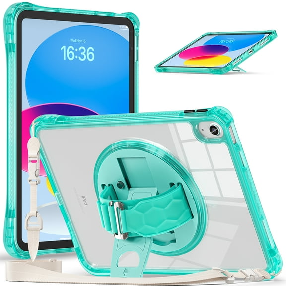 ELEHOLD Rugged Case For Apple iPad 11th(A16) Gen 2025, Full Protection Transparent 360° Rotating Stand Cover, with Silicone Wrist Strap, Shoulder Strap, Lightgreen