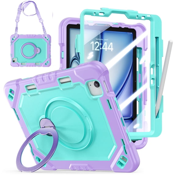 ELEHOLD Rugged Case Built-in Screen Protector For iPad Air 11-inch M4(2026)/M3 (2025)/M2 (2024)/iPad Pro 11 2022/2021/2020/2018 Pencil Holder Ring Kickstand Cover With Crossbody Strap,Purple+Mint