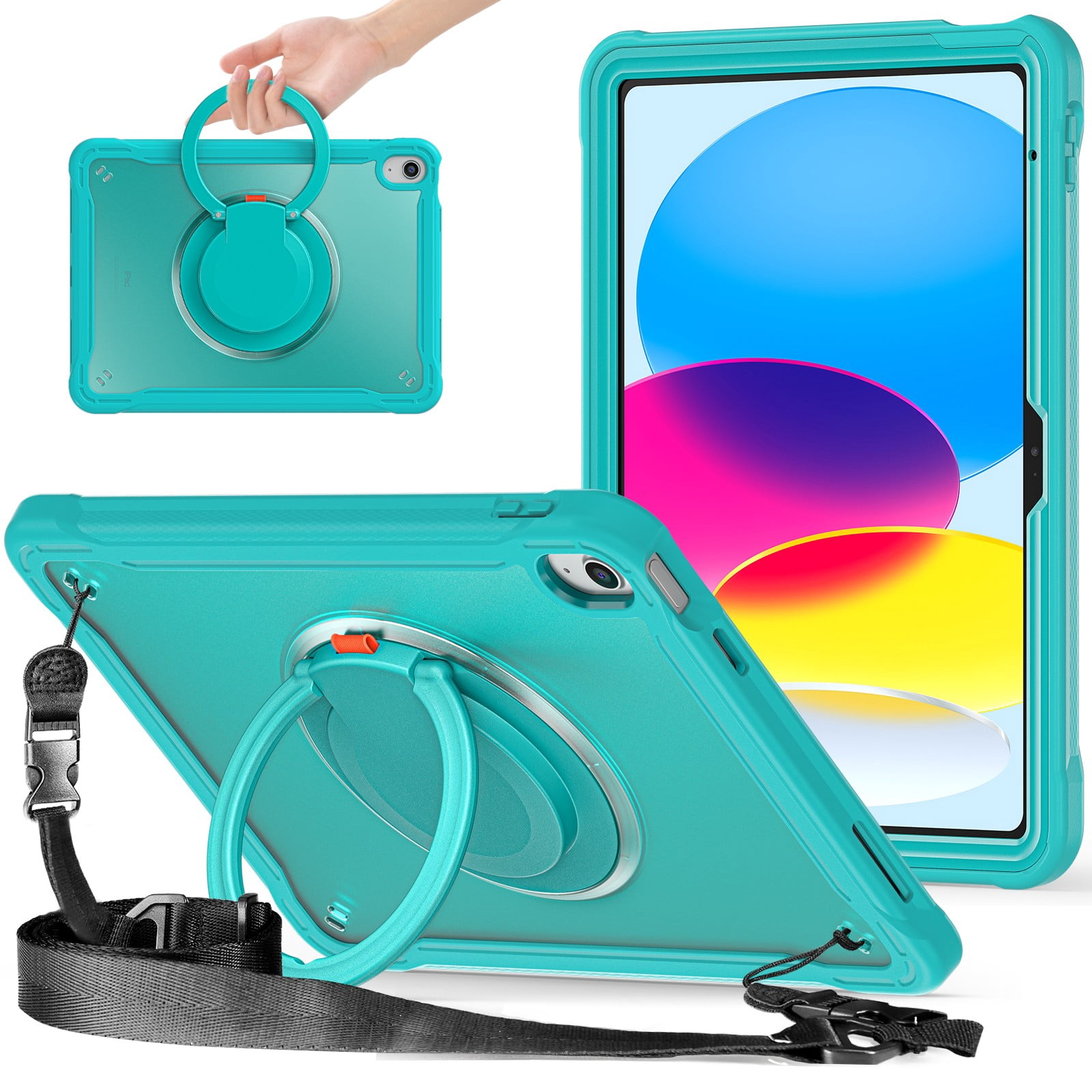 ELEHOLD Rugged Case For Apple iPad Air 13 (2024) Hybrid Shockproof Cover [360 Rotating Stand] [Hand Grip] [Pencil Holder] [Detachable Shoulder Strap] Kids Case, Blue