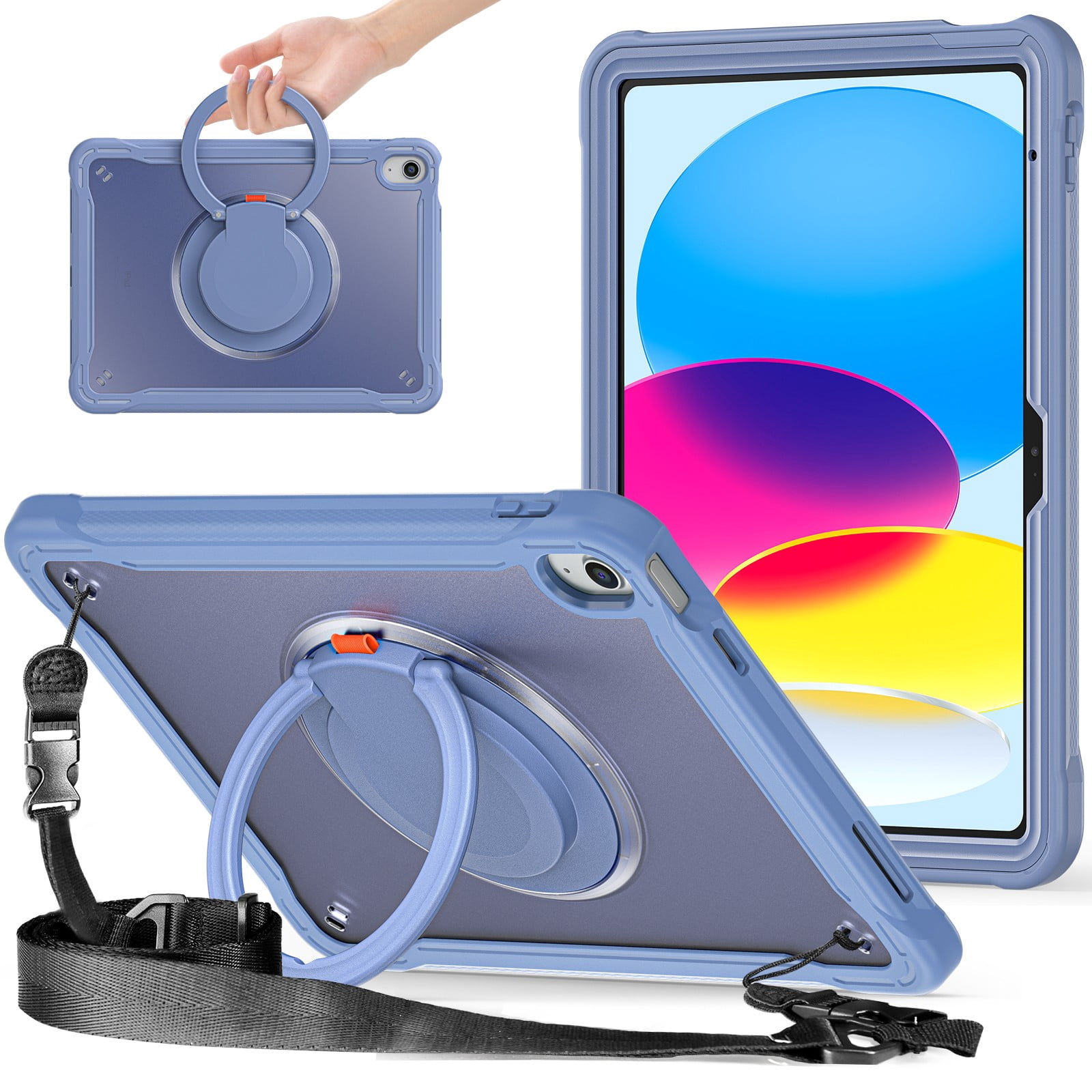ELEHOLD Rugged Case For Apple iPad Air 13 (2024) Hybrid Shockproof Cover [360 Rotating Stand] [Hand Grip] [Pencil Holder] [Detachable Shoulder Strap] Kids Case, Purple