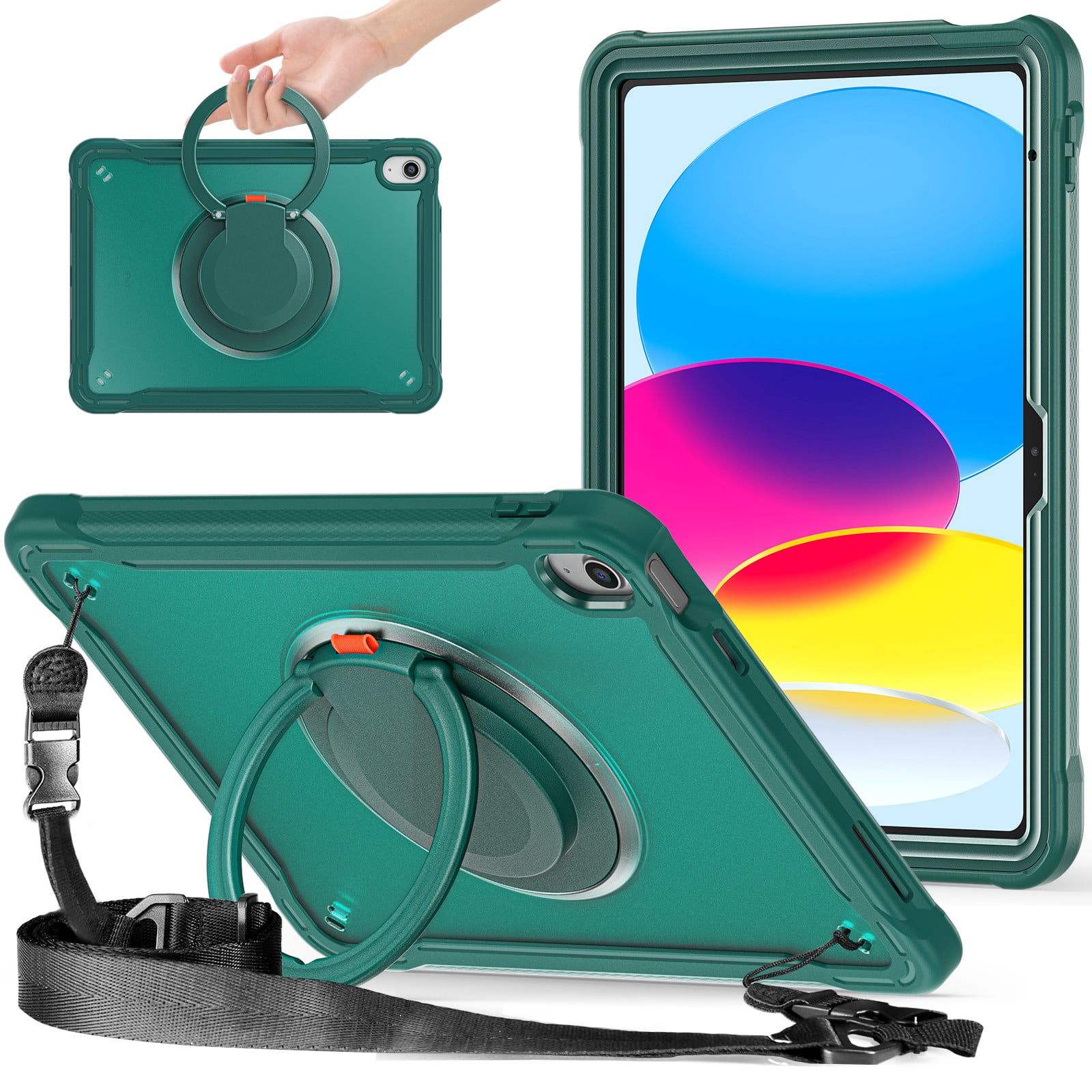 ELEHOLD Rugged Case For Apple iPad Air 13 (2024) Hybrid Shockproof Cover [360 Rotating Stand] [Hand Grip] [Pencil Holder] [Detachable Shoulder Strap] Kids Case, Darkgreen