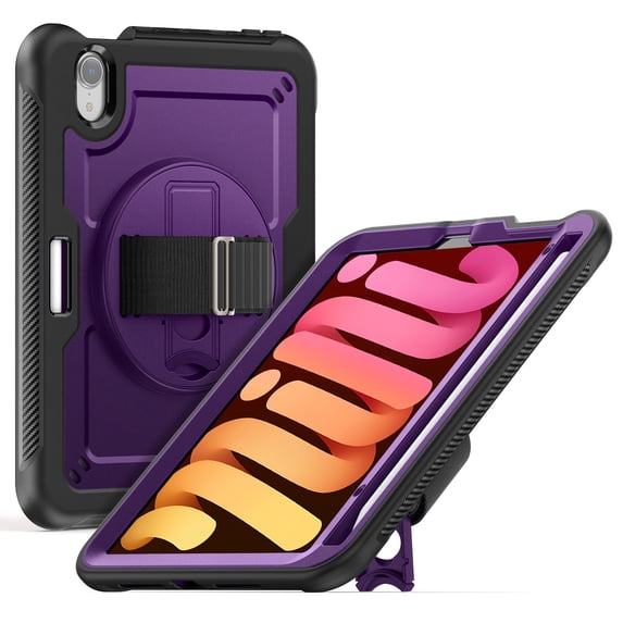 ELEHOLD Rugged Case For iPad mini6/mini7 (A17 Pro) 2024,360 Rotating Stand Hand Strap Shoulder Strap Pencil Holder Full-Body Heavy Duty Shockproof Protective Case,Purple