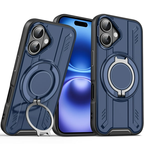 ELEHOLD Rugged Case For iPhone 16 Air Cushion Shockproof Magnetic Protective Phone Cover, MagSafe Compatible, with 360° Rotable Stand, Blue