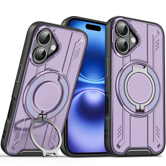 ELEHOLD Rugged Case For iPhone 16 Air Cushion Shockproof Magnetic Protective Phone Cover, MagSafe Compatible, with 360° Rotable Stand, Purple