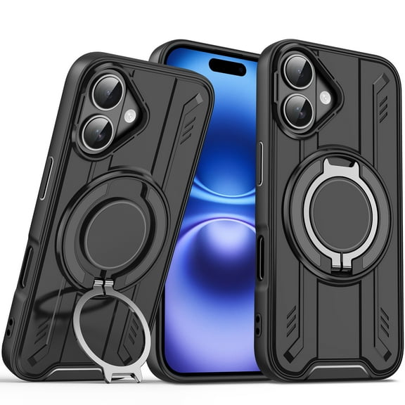ELEHOLD Rugged Case For iPhone 16 Plus Air Cushion Shockproof Magnetic Protective Phone Cover, MagSafe Compatible, with 360° Rotable Stand,  Black