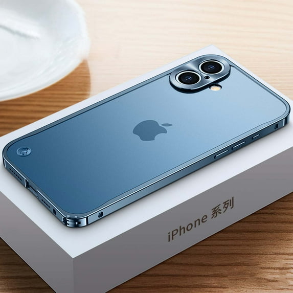 ELEHOLD Rugged Case For iPhone 16 Transparent Hard PC Panel + Metal Frame Heavy Duty Shockproof Cover, Lens All-inclusive, Slim&Lightweight - Blue