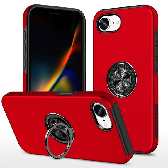ELEHOLD Rugged Case For iPhone 16e / SE4 2025 Magnetic Shockproof Cover, 360° Rotable Ring Kickstand, Enhanced Camera Protection, Red