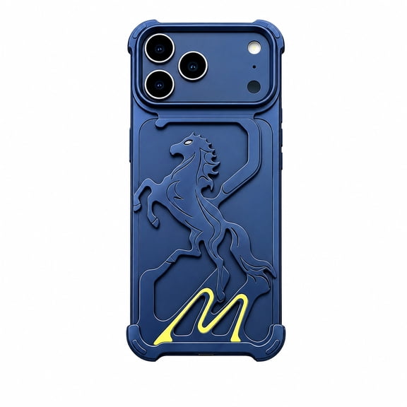 ELEHOLD Rugged Case For iPhone 17 Pro Shock-Absorbent Hollow Horse Metal Design Heat Dissipation Cover,Dark Blue