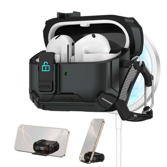 ELEHOLD Rugged Case for Galaxy Buds 3/3 Pro with Secure Lock, Auto-Open Design Shockproof Wireless Charging Full Protection Cover with Carabiner Clip for Galaxy Buds 3/3 Pro,Black
