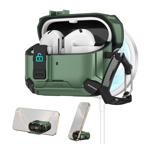 ELEHOLD Rugged Case for Galaxy Buds 3/3 Pro with Secure Lock, Auto-Open Design Shockproof Wireless Charging Full Protection Cover with Carabiner Clip for Galaxy Buds 3/3 Pro,Green