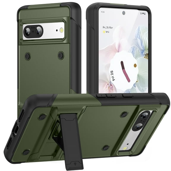 ELEHOLD Rugged Case for Google Pixel 7A,Hybrid Military Grade Drop Protection Built-in Hidden Kickstand Shockproof Armor Cover for Google Pixel 7a 6.1", Green