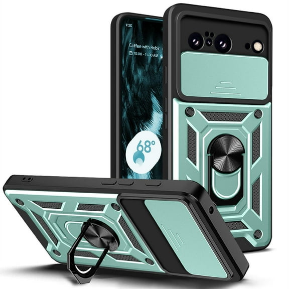 ELEHOLD Rugged Case for Google Pixel 8 Pro, Sliding Camera Lens Protector Hybrid Shockproof with Ring Holder Kickstand Function Work with Magnetic Car Mount Heavy Duty Case,Green