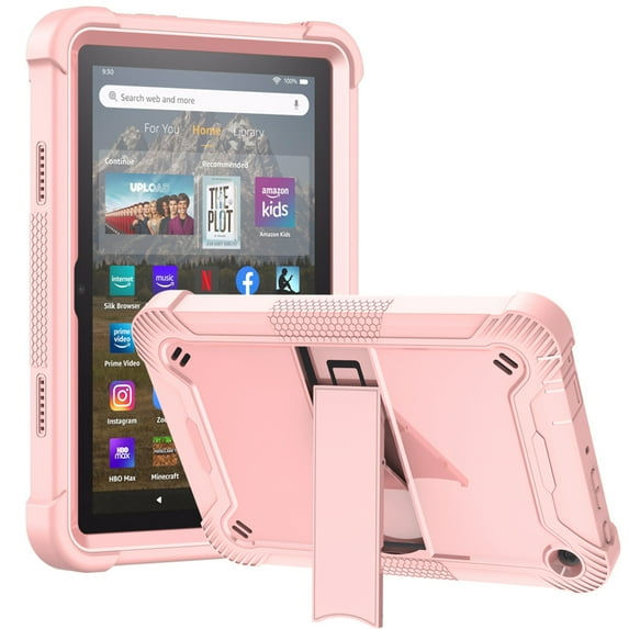 ELEHOLD Rugged Case for Kindle Fire HD 8 & HD 8 Plus Tablet (12th Generation 2022 Model), Full Body Drop Protection Kickstand Back Cover for Kids, Rosegold