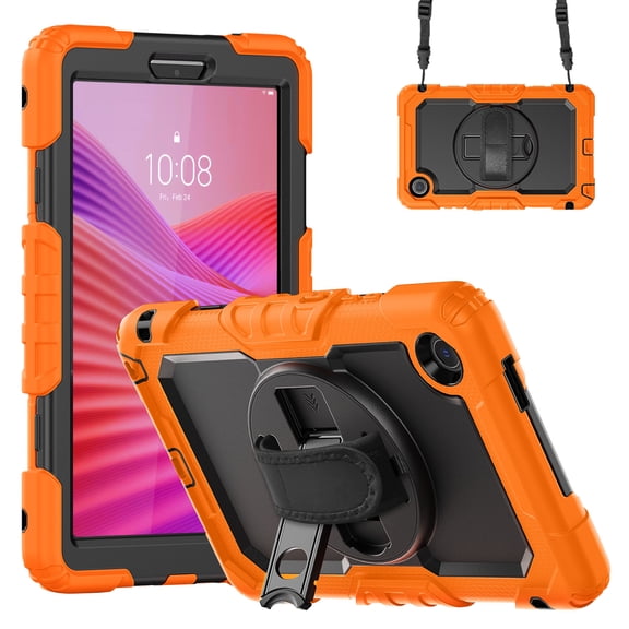 ELEHOLD Rugged Case for Lenovo Tab K9/Tab One 8.7 2025(TB305FU), Three-Layer Kickstand Handstrap Shoulder Strap Shockproof Case Built-in Screen Protector ,Orange