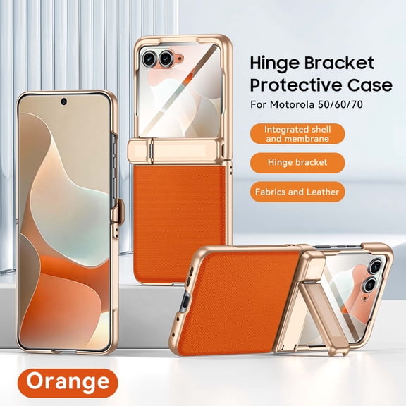 ELEHOLD Rugged Case for Motorola Razr 2024/2025/2026, Fabric Texture Hinge Bracket Cover with Built-in HD/Privacy Screen Protector, Compatible with Wireless Charging, Orange