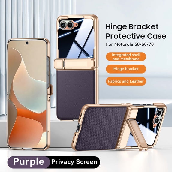 ELEHOLD Rugged Case for Motorola Razr 2024/2025/2026, Fabric Texture Hinge Bracket Cover with Built-in HD/Privacy Screen Protector, Compatible with Wireless Charging, D