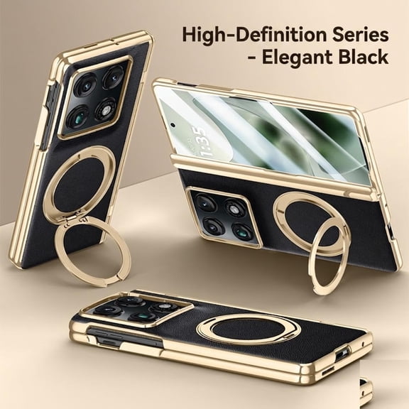 ELEHOLD Rugged Case for Motorola Razr Fold (2026), Full Hinge Faux Leather Texture Ring Stand Cover with Built-in Screen Protector, Compatible with Mag Safe Accessories, Black