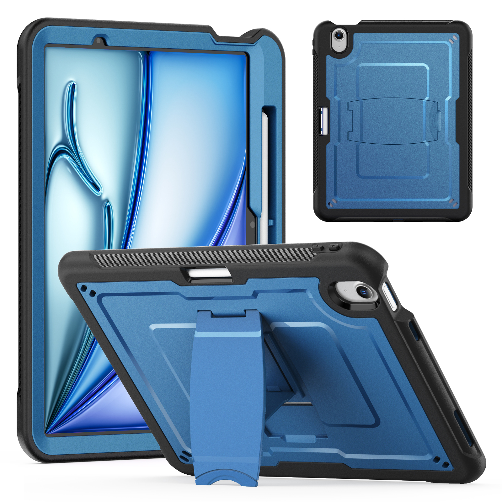 ELEHOLD Rugged Case with Pencil Holder For iPad Air 11-inch M3 (2025) / M2 (2024), Built-in Kickstand Double-Layer Protection Full-Body Shockproof Cover For Apple iPad Air 11 (2025/2024),Navyblue