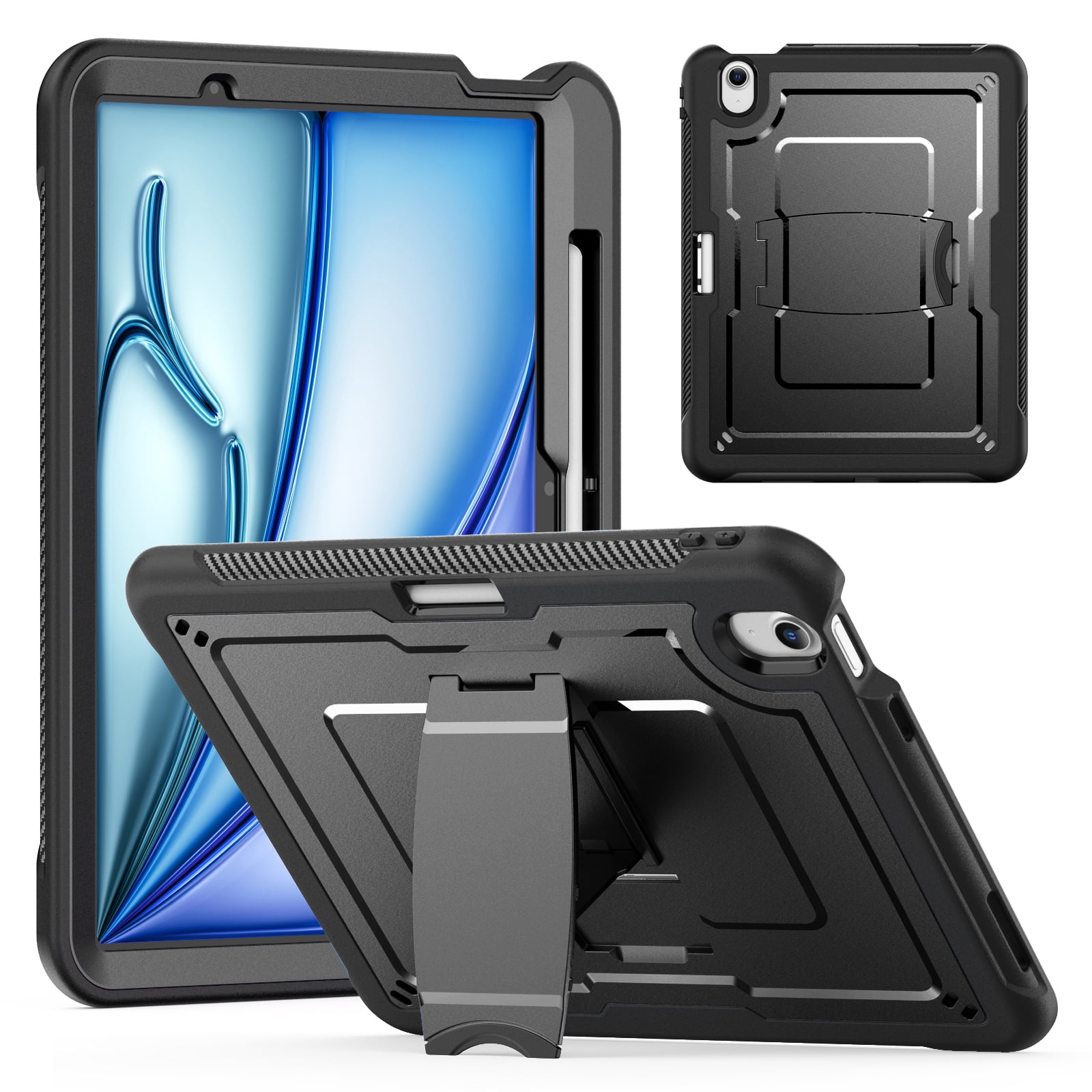 ELEHOLD Rugged Case with Pencil Holder For iPad Air 11-inch M3 (2025) / M2 (2024), Built-in Kickstand Double-Layer Protection Full-Body Shockproof Cover For Apple iPad Air 11 (2025/2024),Black