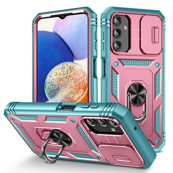 ELEHOLD Rugged Case for Samsung Galaxy A14 5G,Heavy Duty Hybrid Camera Lens Protector 360° Rotation Ring Holder Card Slot Kickstand Function Anti-Slip Shockproof Armor Case,Pink+Green