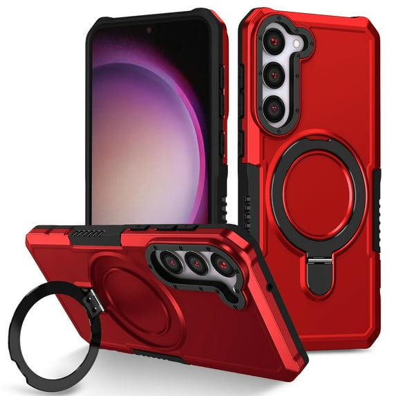 ELEHOLD Rugged Case for Samsung Galaxy S21 FE Heavy Duty Case with Foldable Ring Holder Kickstand Function Non-Slip Military Grade Drop Protection Shockproof Cover for Samsung Galaxy S21 FE,red