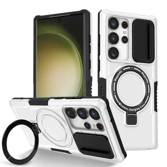 ELEHOLD Rugged Case for Samsung Galaxy S22 with Sliding Camera Lens Cover Rotation Ring Holder Stand Function Compatible with MagSafe Shockproof Cover for Samsung Galaxy S22,white