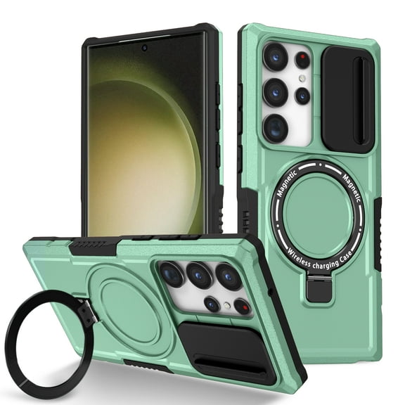 ELEHOLD Rugged Case for Samsung Galaxy S22 Ultra with Sliding Camera Lens Cover Rotation Ring Holder Stand Function Compatible with MagSafe Shockproof Cover for Samsung Galaxy S22 Ultra,lightgreen