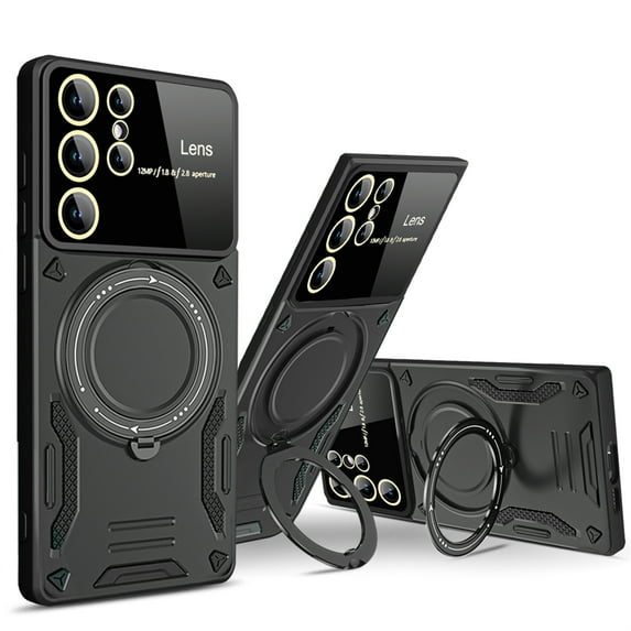 ELEHOLD Rugged Case for Samsung Galaxy S23 Case with 360°Rotation Ring Holder Kickstand Lens Protection Hybrid PC+TPU Military Grade Non-Slip Shockproof Protective Case,black