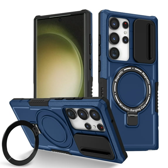 ELEHOLD Rugged Case for Samsung Galaxy S23 FE with Sliding Camera Lens Cover Rotation Ring Holder Stand Function Compatible with MagSafe Shockproof Cover for Samsung Galaxy S23 FE,royalblue