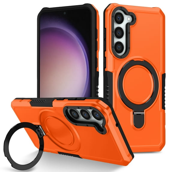 ELEHOLD Rugged Case for Samsung Galaxy S23 Heavy Duty Case with Foldable Ring Holder Kickstand Function Non-Slip Military Grade Drop Protection Shockproof Cover for Samsung Galaxy S23,orange