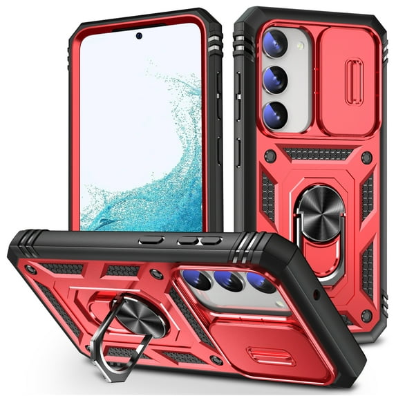 ELEHOLD Rugged Case for Samsung Galaxy S23 Plus,Heavy Duty Hybrid Camera Lens Protection 360° Rotation Ring Holder Kickstand Function Anti-Slip Shockproof Armor Case for S23+,Red+Black