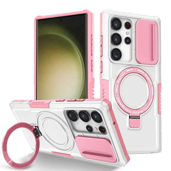 ELEHOLD Rugged Case for Samsung Galaxy S23 Plus with Sliding Camera Lens Cover Rotation Ring Holder Stand Function Compatible with MagSafe Shockproof Cover for Samsung Galaxy S23 Plus,Pink+White
