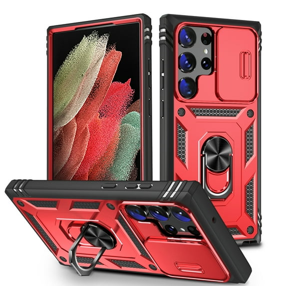 ELEHOLD Rugged Case for Samsung Galaxy S23 Ultra,Heavy Duty Hybrid Camera Lens Protection 360° Rotation Ring Holder Kickstand Function Anti-Slip Shockproof Armor Case,Red+Black