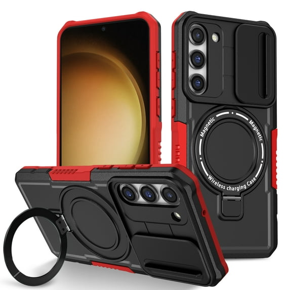ELEHOLD Rugged Case for Samsung Galaxy S24 FE with Sliding Camera Lens Cover Rotation Ring Holder Stand Function Compatible with Mag Safe Shockproof Cover for Samsung Galaxy S24 FE - Black+Red