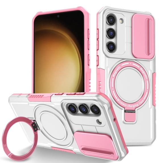 ELEHOLD Rugged Case for Samsung Galaxy S24 FE with Sliding Camera Lens Cover Rotation Ring Holder Stand Function Compatible with Mag Safe Shockproof Cover for Samsung Galaxy S24 FE - White+Pink