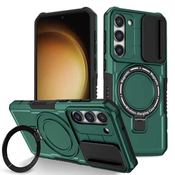 ELEHOLD Rugged Case for Samsung Galaxy S24 FE with Sliding Camera Lens Cover Rotation Ring Holder Stand Function Compatible with Mag Safe Shockproof Cover for Samsung Galaxy S24 FE - Darkgreen