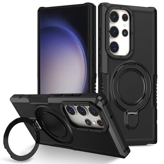 ELEHOLD Rugged Case for Samsung Galaxy S24 Hybrid Heavy Duty Cover with Foldable Ring Holder Kickstand Military Grade Drop Protection Shockproof Non-Slip Case for Samsung S24, Black