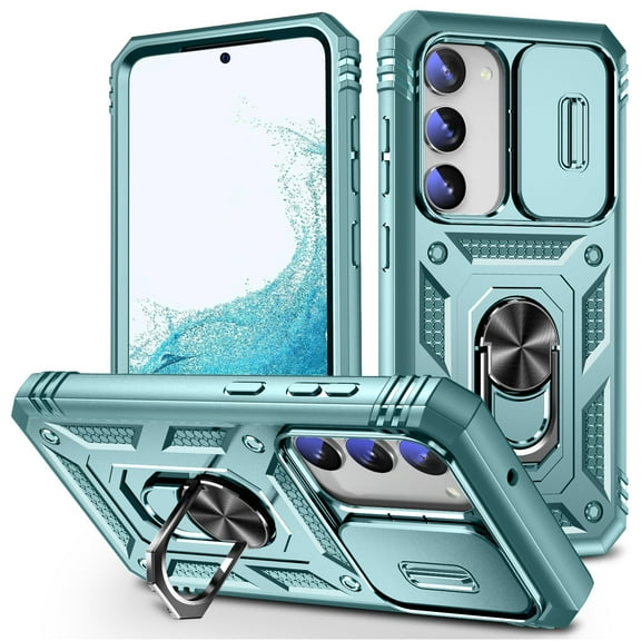 ELEHOLD Rugged Case for Samsung Galaxy S24 Plus,Heavy Duty Hybrid Slide Camera Lens Protection 360° Rotation Ring Holder Kickstand Function Anti-Slip Shockproof Armor Case for S24 Plus,Green