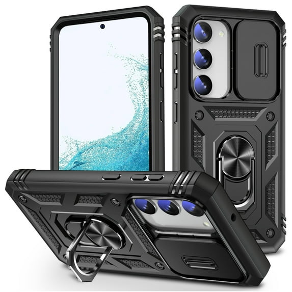 ELEHOLD Rugged Case for Samsung Galaxy S24 Plus,Heavy Duty Hybrid Slide Camera Lens Protection 360° Rotation Ring Holder Kickstand Function Anti-Slip Shockproof Armor Case for S24 Plus,Black