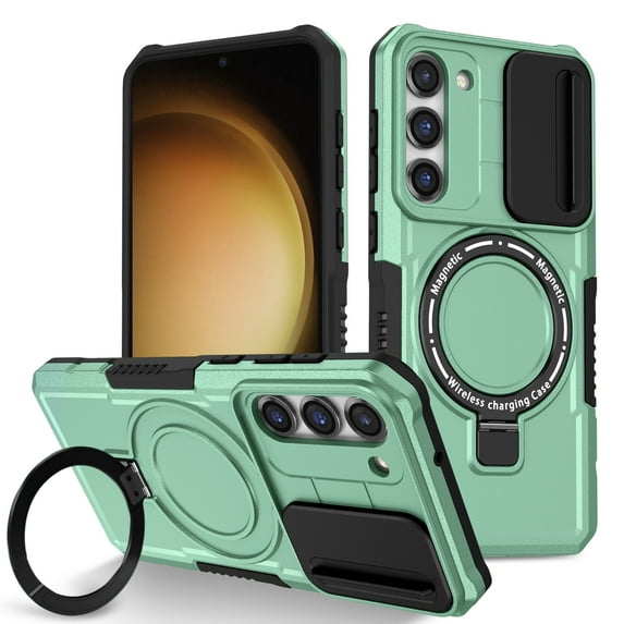 ELEHOLD Rugged Case for Samsung Galaxy S24 Plus with Sliding Camera Lens Cover Rotation Ring Holder Stand Function Compatible with MagSafe Shockproof Cover for Samsung Galaxy S24 Plus - Lightgreen