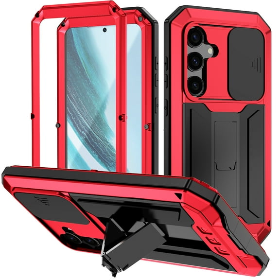 ELEHOLD Rugged Case for Samsung Galaxy S24 with Slide Camera Protection Built-in Screen Protector Hidden Kickstand Military Grade Shockproof Anti-Scratch Heavy Duty Full Body Case, Red