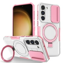 ELEHOLD Rugged Case for Samsung Galaxy S24 with Sliding Camera Lens Cover Rotation Ring Holder Stand Function Compatible with Mag Safe Shockproof Cover for Samsung Galaxy S24 - White Pink