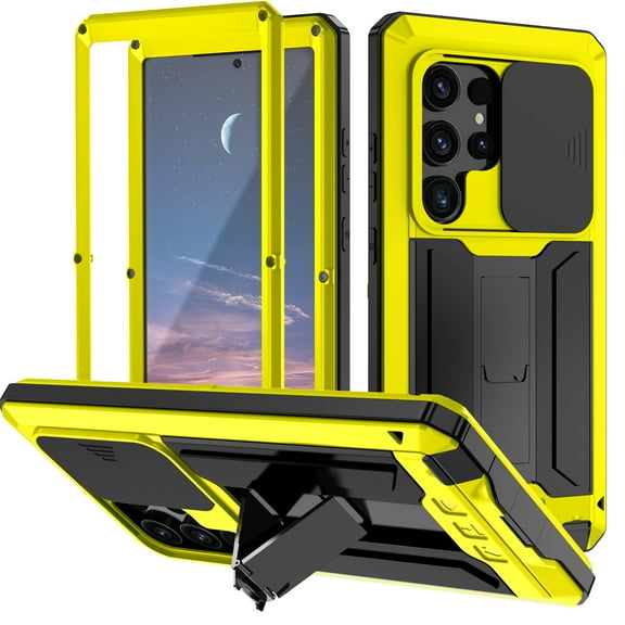 ELEHOLD Rugged Case for Samsung Galaxy S24 Ultra with Slide Camera Protection Built-in Screen Protector Hidden Kickstand Military Grade Shockproof Anti-Scratch Heavy Duty Full Body Case, Yellow