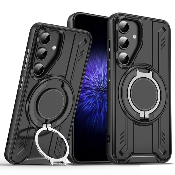 ELEHOLD Rugged Case For Samsung Galaxy S25 Air Cushion Shockproof Magnetic Protective Phone Cover, MagSafe Compatible, with 360° Rotable Stand, Black