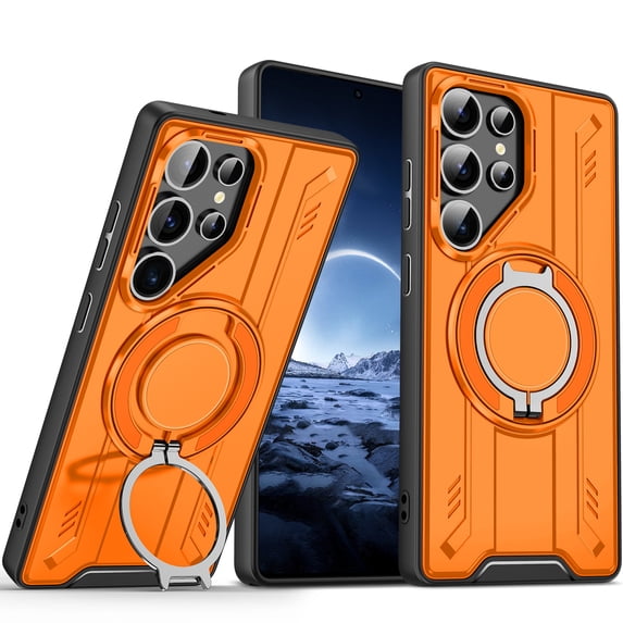 ELEHOLD Rugged Case For Samsung Galaxy S25 Ultra Air Cushion Shockproof Magnetic Protective Phone Cover, MagSafe Compatible, with 360° Rotable Stand, Orange
