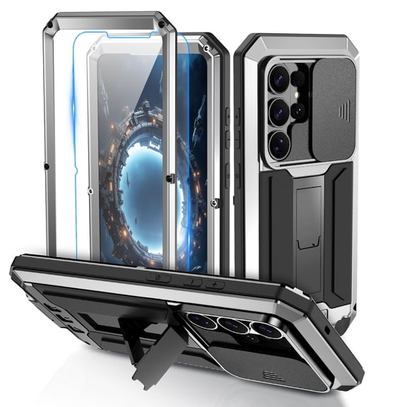 ELEHOLD Rugged Case for Samsung Galaxy S26 Ultra with Slide Camera Protection Built-in Screen Protector Hidden Kickstand Military Grade Shockproof Anti-Scratch Heavy Duty Full Body Case, Silver