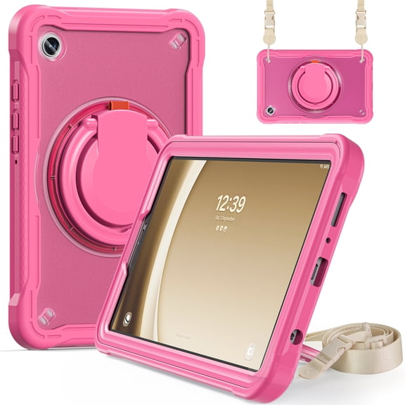 ELEHOLD Rugged Case For Samsung Galaxy Tab A11+ 2025 11-inch, Hybrid Shockproof 360° Rotating Stand Hand Grip Pencil Holder Protection Case With Detachable Shoulder Strap , Rose