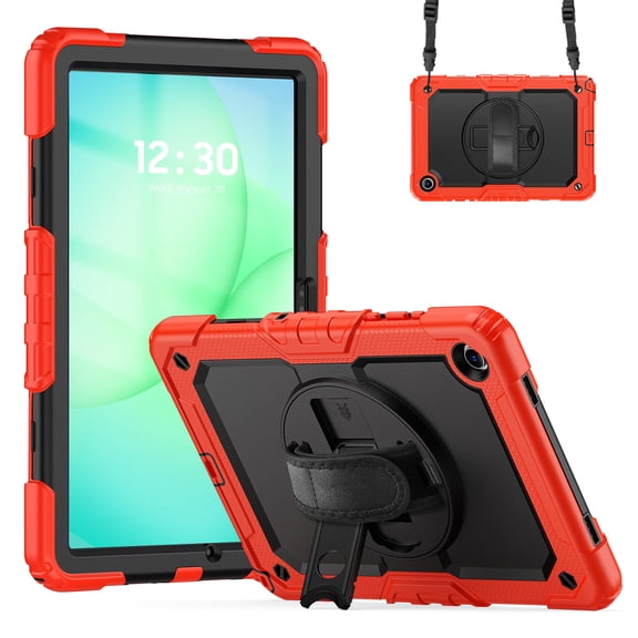 ELEHOLD Rugged Case for Samsung Galaxy Tab A11+ 2025 11-inch, Three-Layer Kickstand Handstrap Shoulder Strap Shockproof Case Built-in Screen Protector ,Red